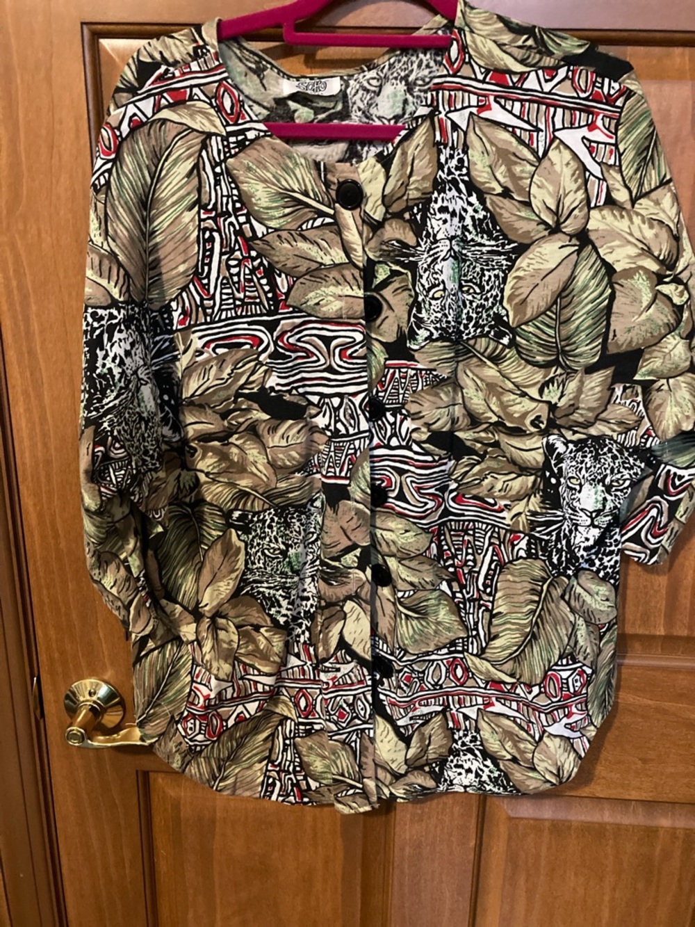 Soho Tropical Leaf & Leopard Print Button Jacket - Beige/Green/Black